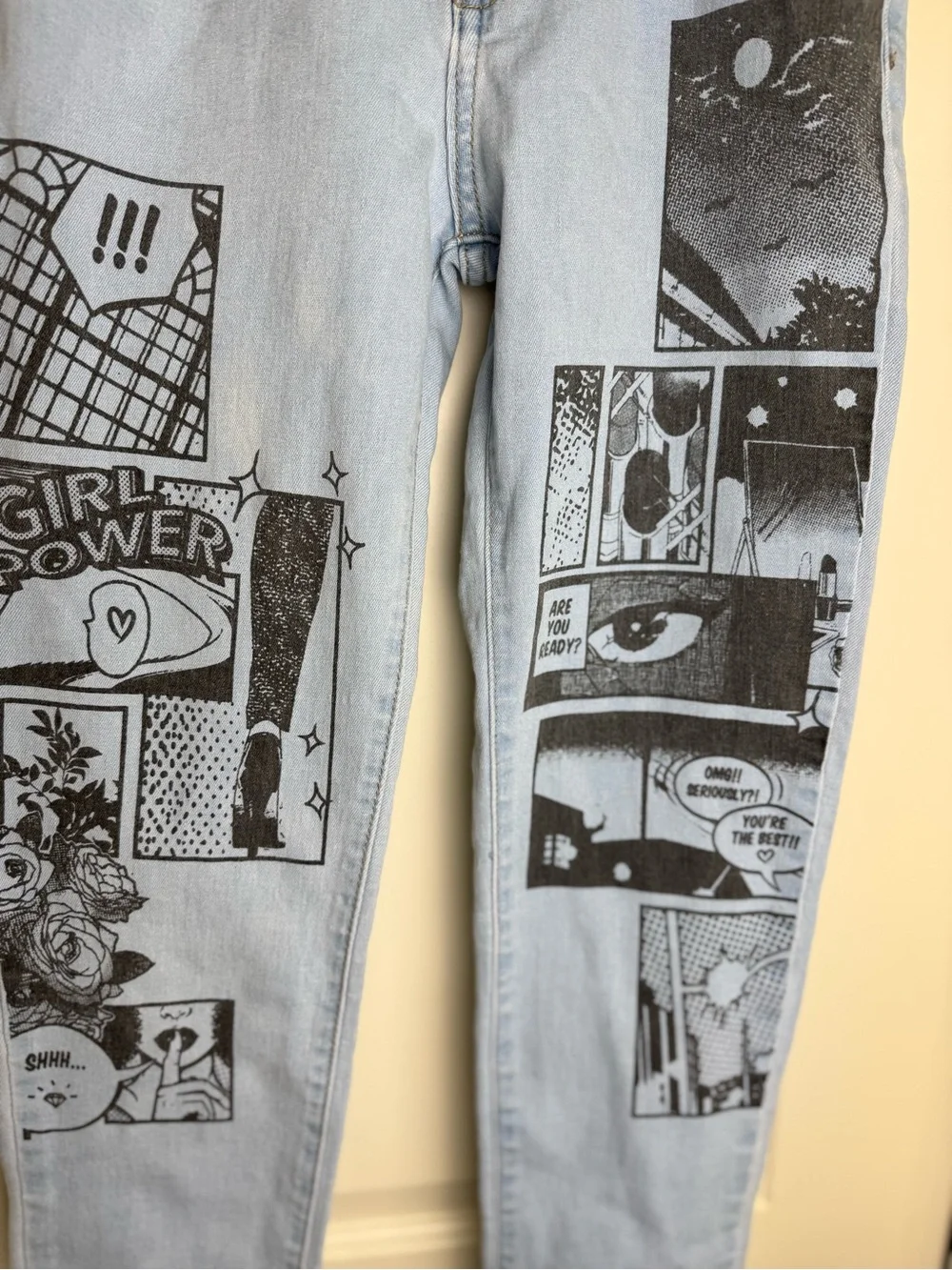 Blue Topic Girl Power Comic Graphic Skinny Jeans Juniors 3/4 Y2K